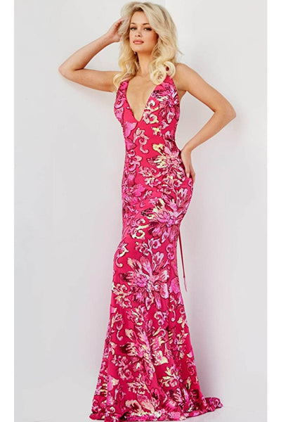 Jovani 08462 Evening Gown with Floral Sequins - Pink / 00 - Prom