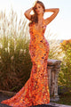 Jovani 08462 Floral Print Embroidered V Neck Evening Prom Gown - Orange / 00 - Prom