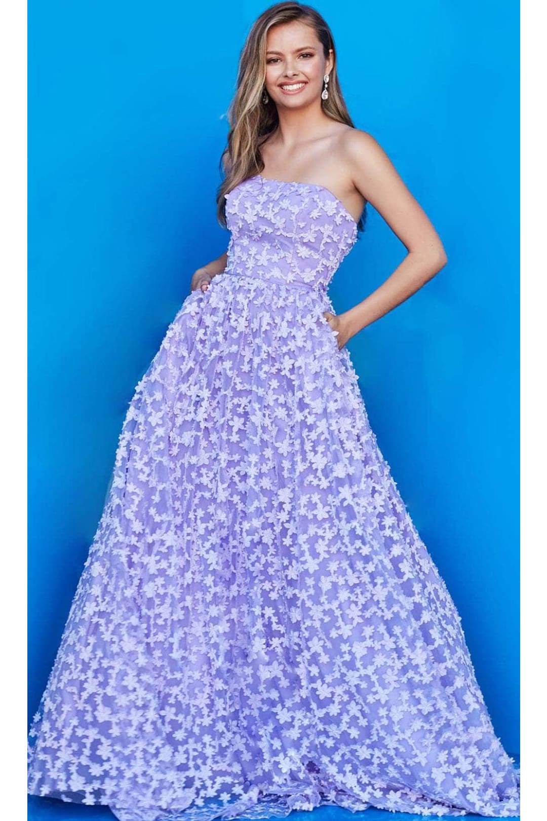 Jovani 08536 - Strapless Prom Gown with Floral Appliqués - Light-Blue / 00 - Prom