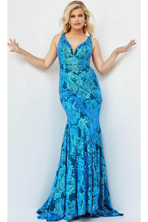 Jovani 08646 - Sparkling Sequin Motif V-Neck Prom Dress - Prom