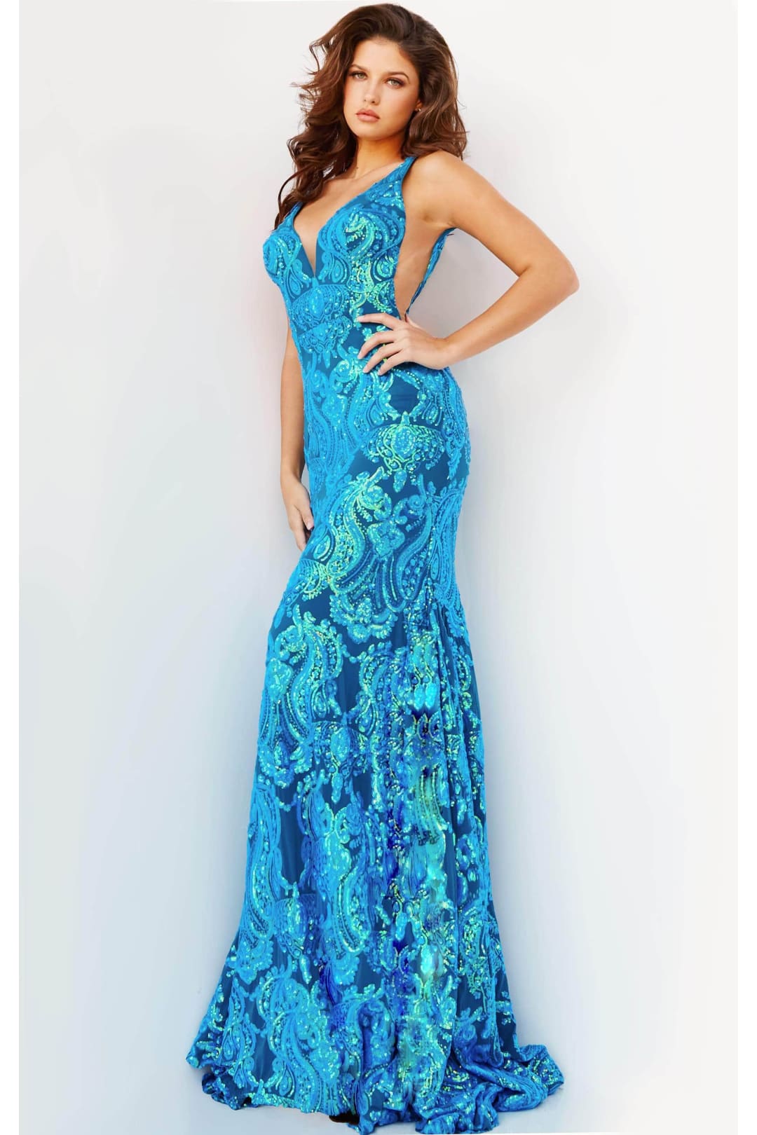 Jovani 08646 - Sparkling Sequin Motif V-Neck Prom Dress - Prom