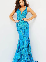 Jovani 08646 - Sparkling Sequin Motif V-Neck Prom Dress