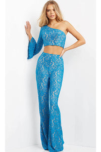 Jovani 08693 - Two-Piece Jumpsuit with Asymmetric Neckline - Turquoise/ Nude / 00 - Prom