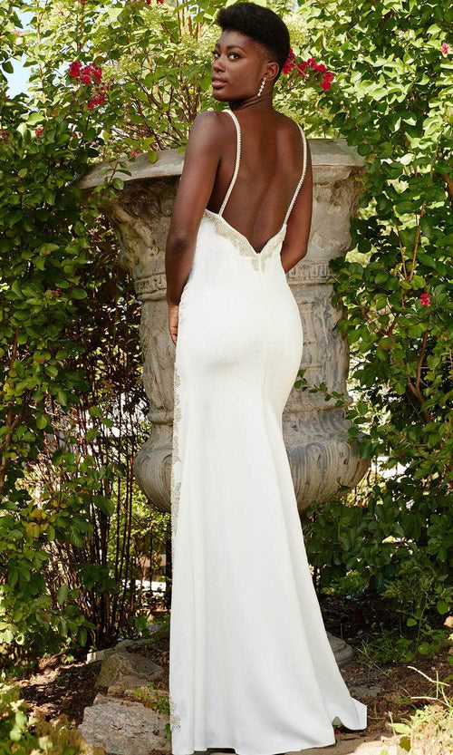 Jovani 09009 Open Back Prom Dress with Jeweled Details - White / 00 - Prom