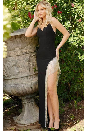 Jovani 09462 - V-Neck Prom Dress with Fringe and Slit