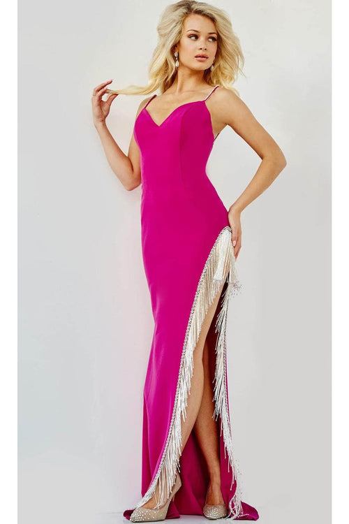 Jovani 09462 - V-Neck Prom Dress with Fringe and Slit - Prom