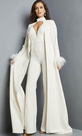 Jovani 09479 Ivory V-Neck Jumpsuit with Cape Detail