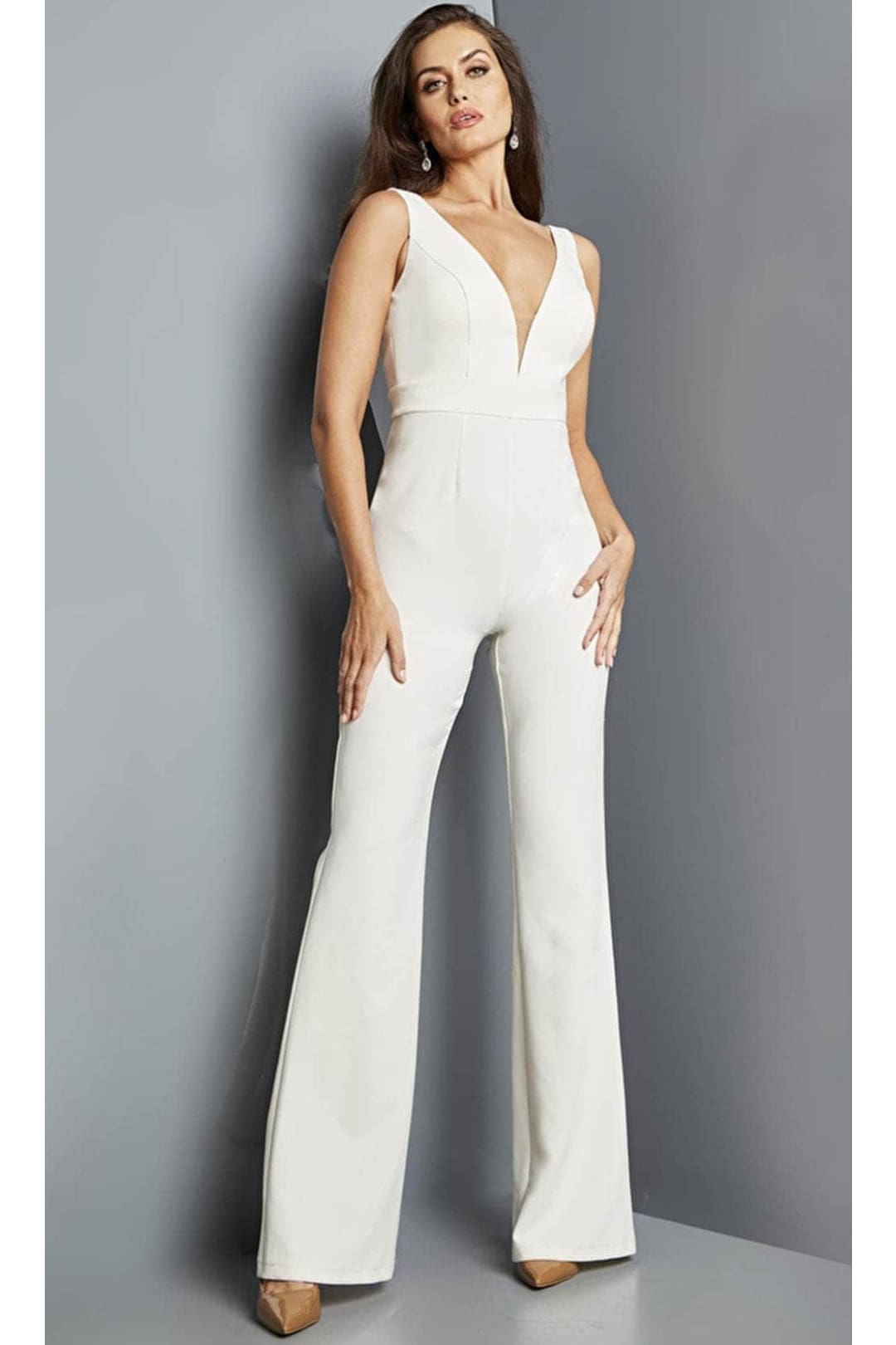 Jovani 09479 - V-Neck Jumpsuit with Cape Detail - Ivory / 00 - Prom