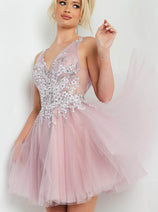 Jovani Mauve Short Prom Dress Floral V-Neck Cocktail Attire 09518