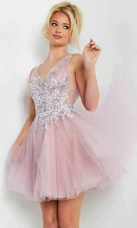 Jovani Mauve Short Prom Dress Floral V-Neck Cocktail Attire 09518
