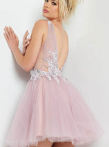 Jovani Mauve Short Prom Dress Floral V-Neck Cocktail Attire 09518