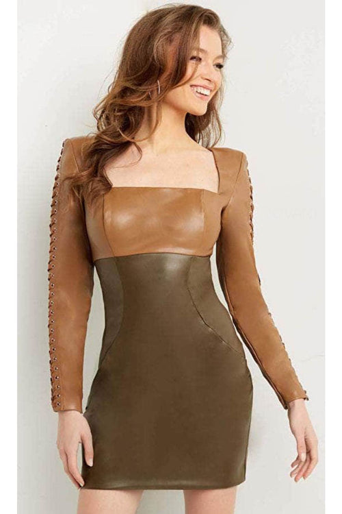 Jovani 09585 - Long Sleeves Square Neck Short Dress - Camel/Olive / 00 - Prom
