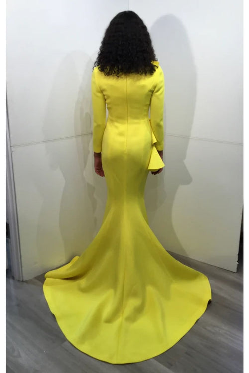 Jovani 09597 - Long Sleeve Mermaid Evening Gown - Yellow / 00 - Prom