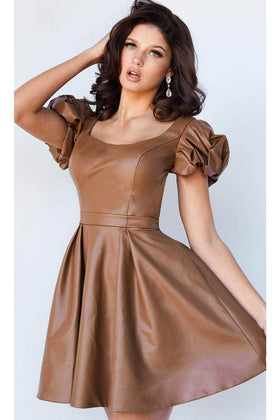 Jovani 09690 - Leather Cocktail Dress with Puffed Sleeves
