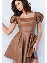 Jovani 09690 - Leather Cocktail Dress with Puffed Sleeves