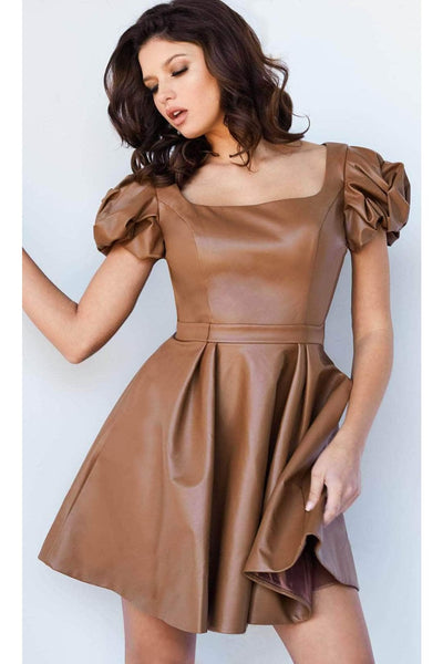 Jovani 09690 - Leather Cocktail Dress with Puffed Sleeves - Prom