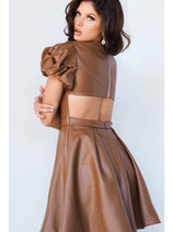 Jovani 09690 - Leather Cocktail Dress with Puffed Sleeves