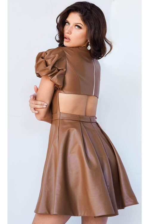 Jovani 09690 - Leather Cocktail Dress with Puffed Sleeves - Prom