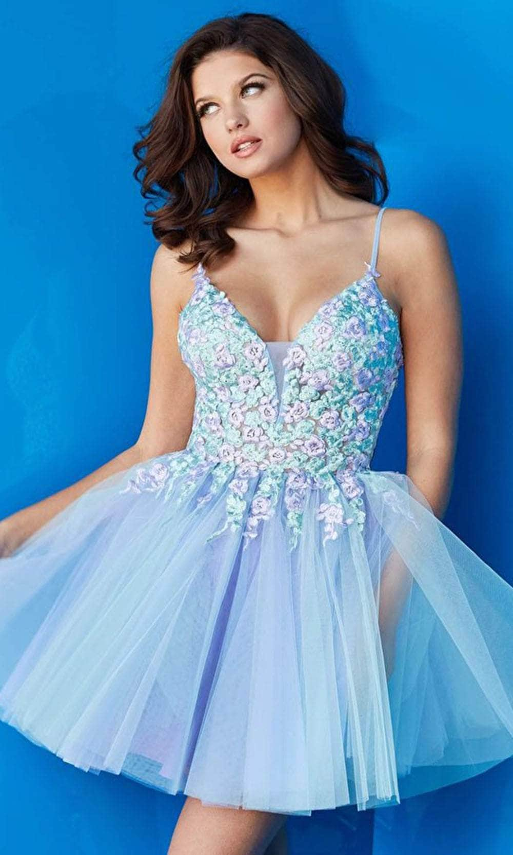 Jovani 09728 - Deep V-neck Tulle Short Dress - Prom