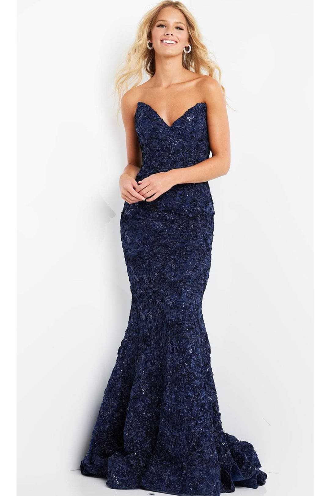 Jovani 09768 - Strapless Evening Dress with Rosette Lace Detail - Prom