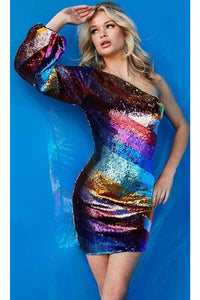 Jovani - 09813 Cocktail Dress with Asymmetrical Sequin Design - Prom