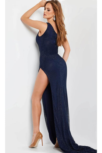 Jovani 09896 - Stunning Beaded Net Asymmetric Prom Gown - Prom