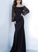 Jovani 1156 - Sophisticated Off-Shoulder Bishop Sleeve Sheath Dress