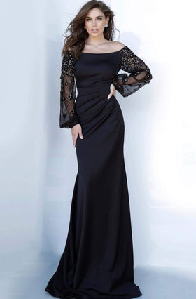 Jovani 1156 - Sophisticated Off-Shoulder Bishop Sleeve Sheath Dress