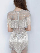 Jovani - 11999 Fitted Dress with Embellished Jewel Neck and Fringe Detail