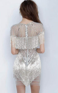 Jovani - 11999 Fitted Dress with Embellished Jewel Neck and Fringe Detail - Prom