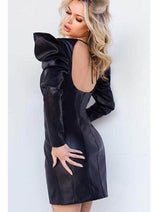 Jovani - 22269 Square Neck Leather Mini Dress with Seamed Detailing