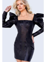 Jovani - 22269 Square Neck Leather Mini Dress with Seamed Detailing