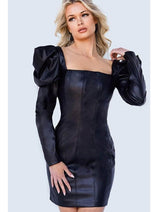 Jovani - 22269 Square Neck Leather Mini Dress with Seamed Detailing