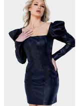 Jovani - 22269 Square Neck Leather Mini Dress with Seamed Detailing