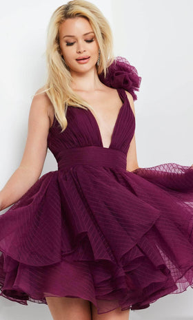 Jovani 22279 Burgundy Ruffle Shoulder Prom Dress