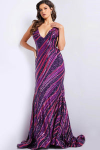 the Jovani 22314 a dazzling stripe sequin V-neck prom dress - Prom