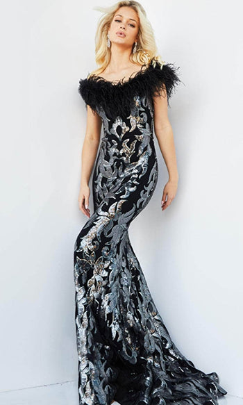 Jovani 22346 Sequin and Feather Evening Gown - Prom