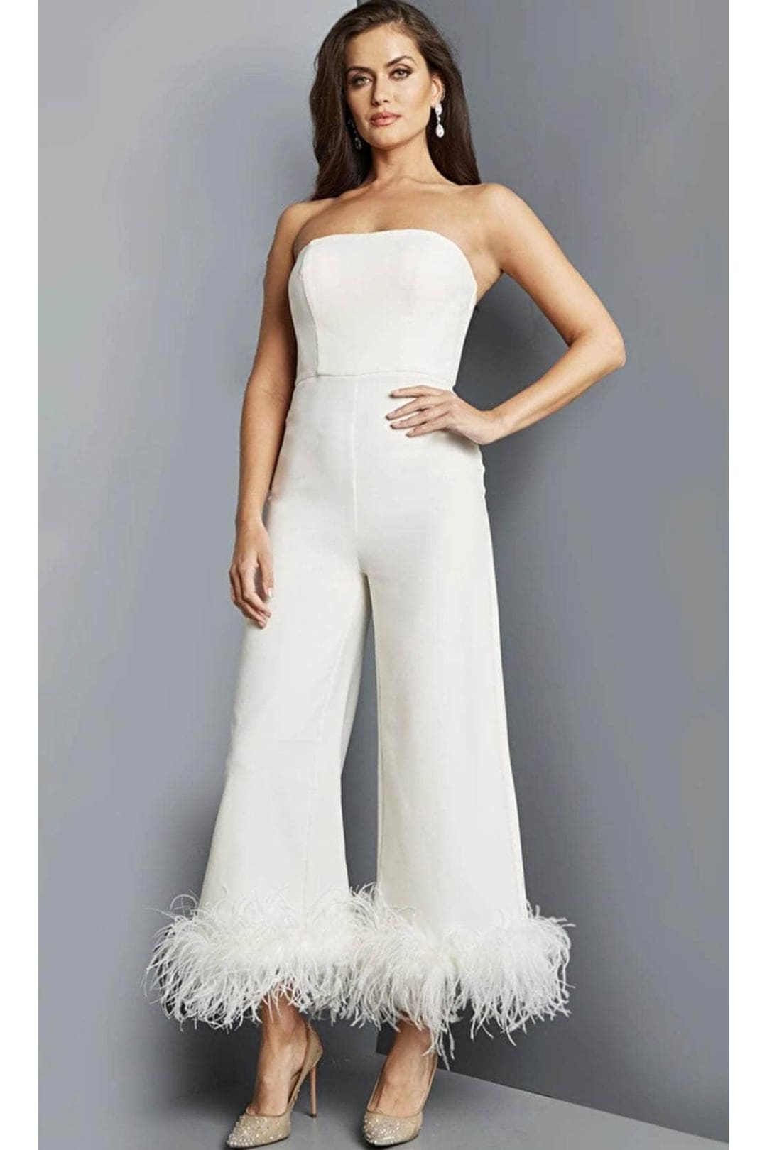 Jovani 22590 - Strapless Feather Fringes Jumpsuit - Prom