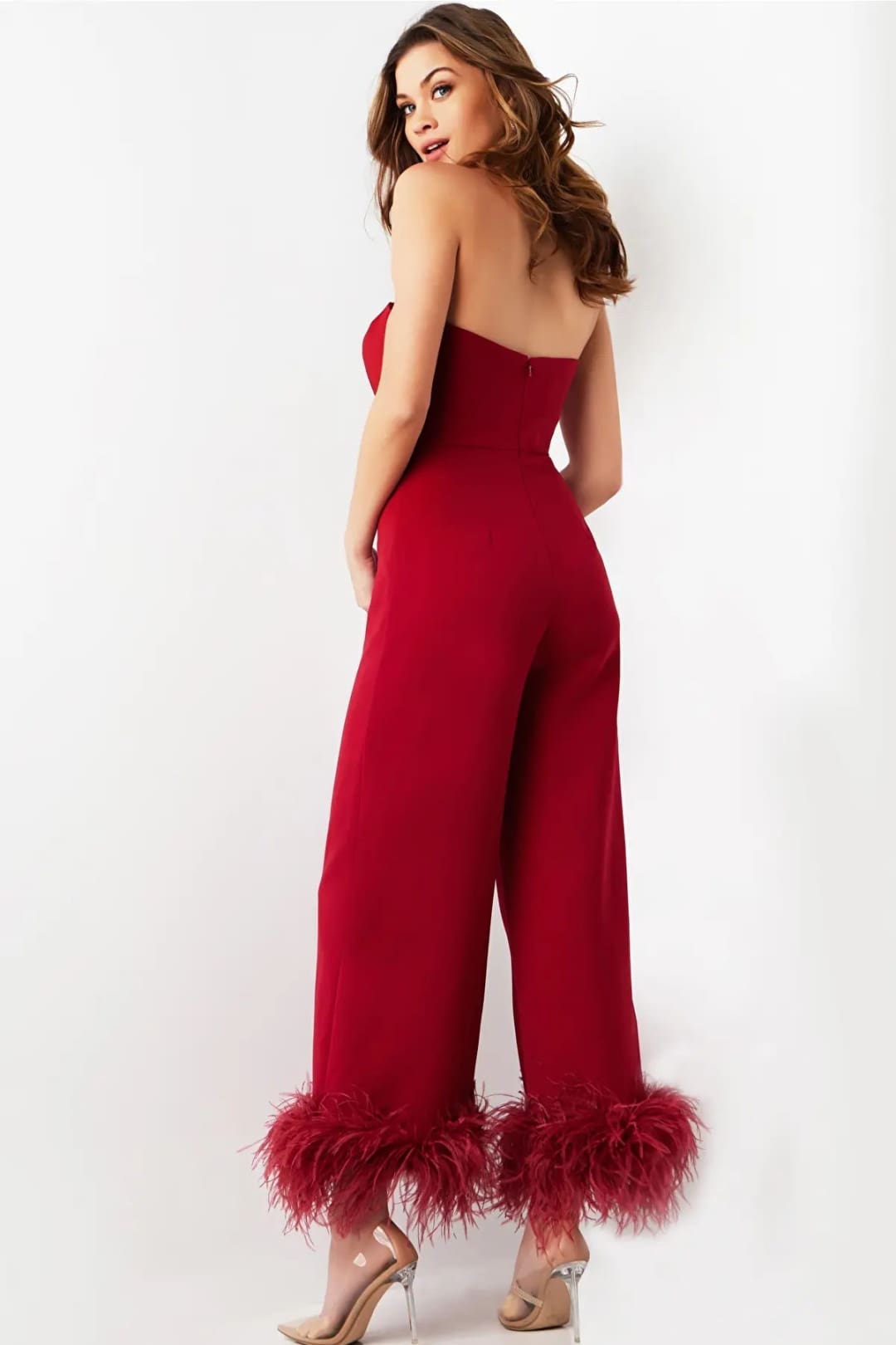 Jovani 22590 - Strapless Feather Fringes Jumpsuit - Prom