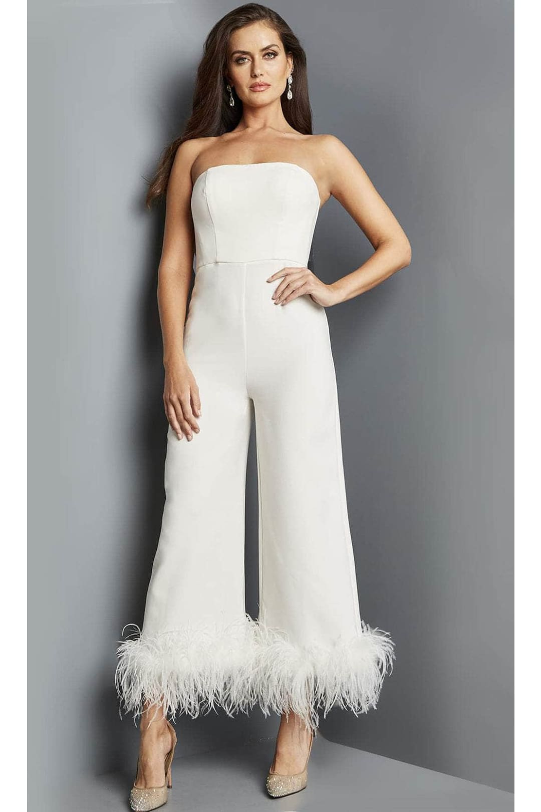 Jovani 22590 - Strapless Feather Fringes Jumpsuit - Prom