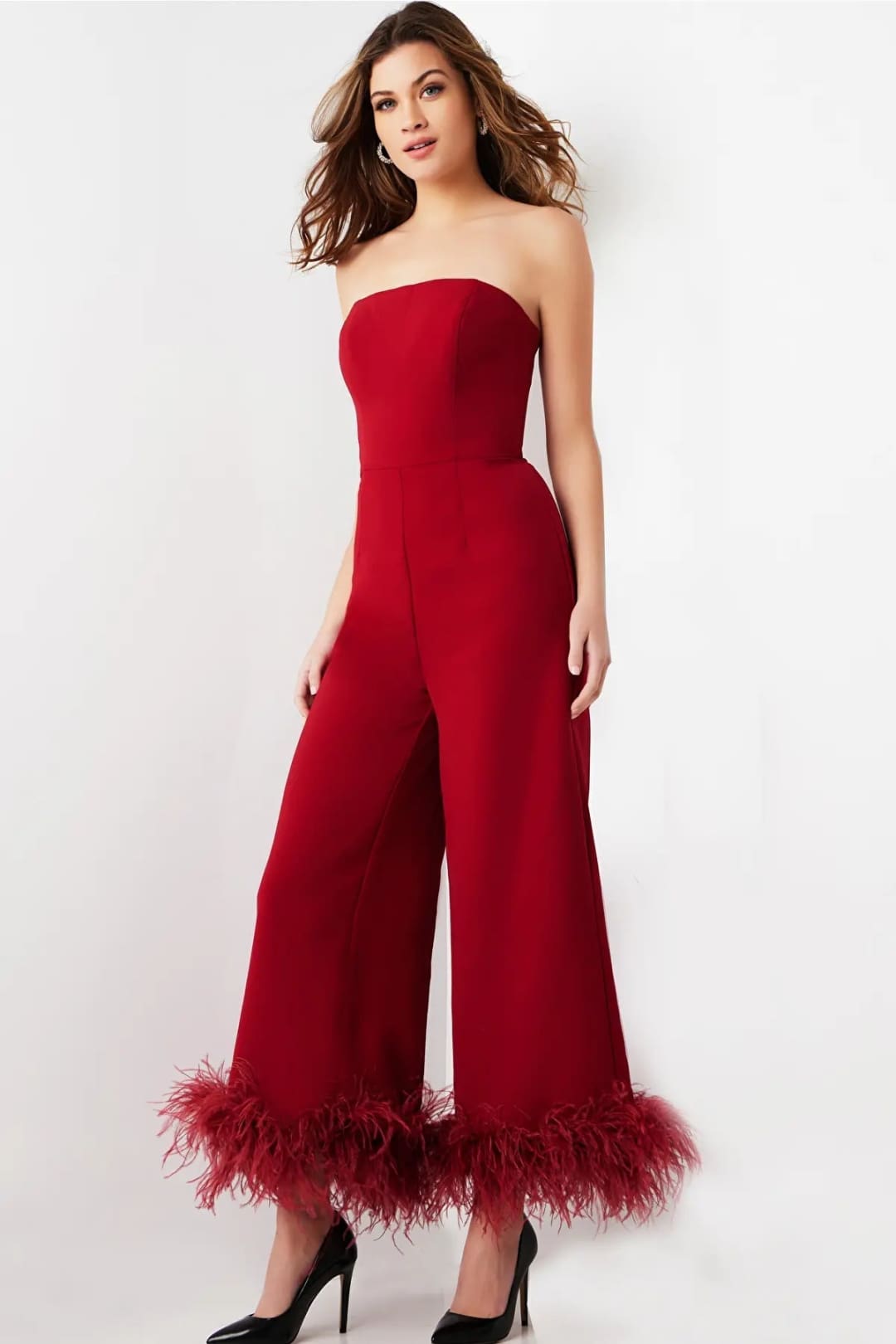 Jovani 22590 - Strapless Feather Fringes Jumpsuit - Prom