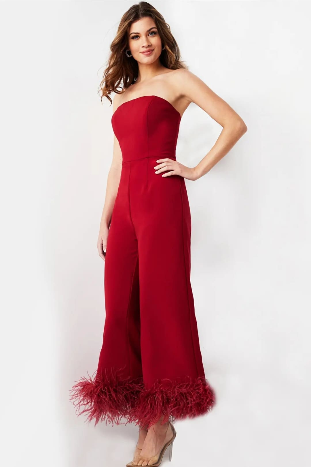 Jovani 22590 - Strapless Feather Fringes Jumpsuit - Prom