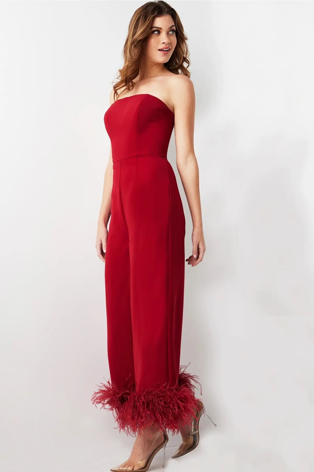 Jovani 22590 - Strapless Feather Fringes Jumpsuit - Prom