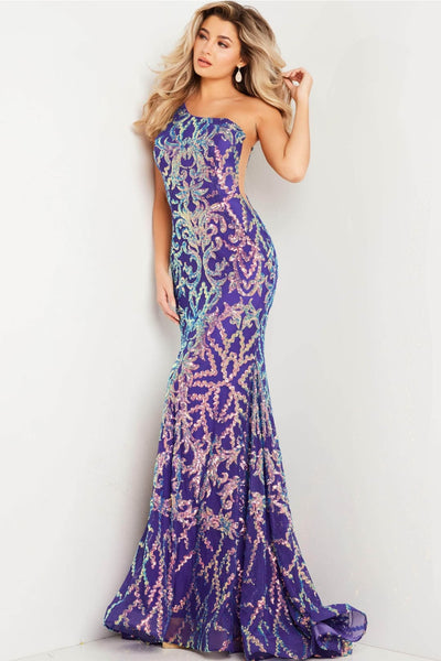 Jovani - 22845 Asymmetric Gown with Iridescent Finish - Prom