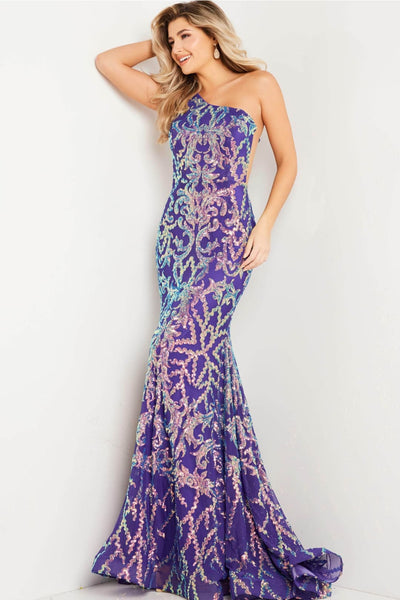 Jovani - 22845 Asymmetric Gown with Iridescent Finish - Prom