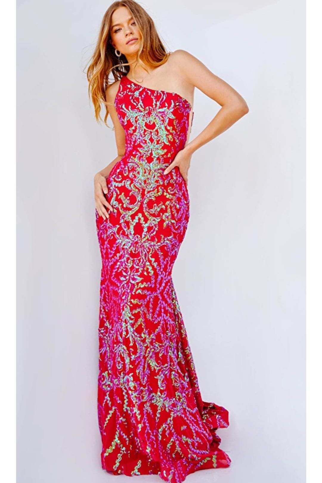 Jovani - 22845 Asymmetric Gown with Iridescent Finish - Prom