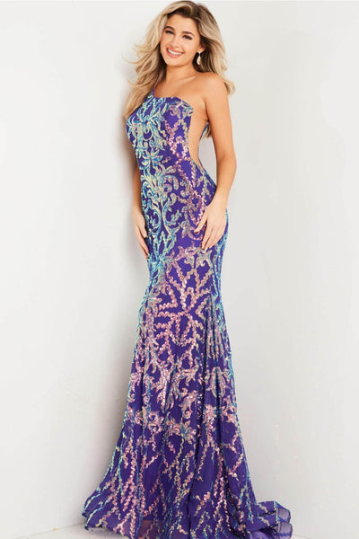 Jovani - 22845 Asymmetric Gown with Iridescent Finish - Prom