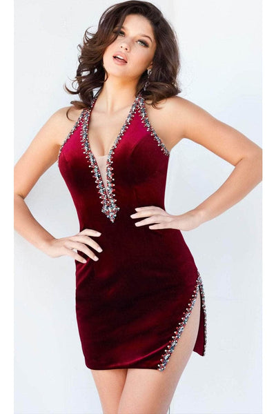 Jovani 22925 - Plunging Halter Velvet Cocktail Dress - Prom