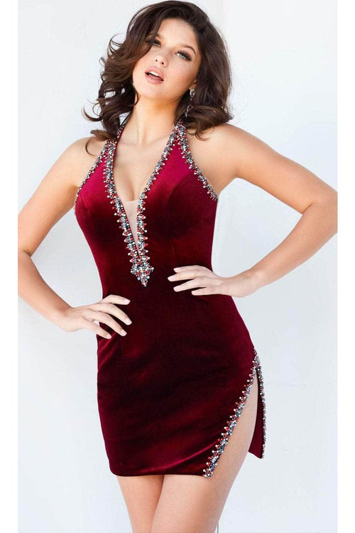 Jovani 22925 - Plunging Halter Velvet Cocktail Dress - Prom