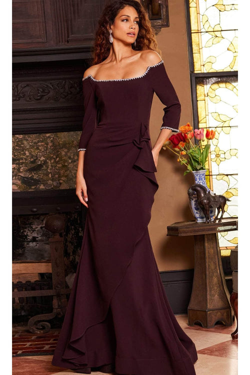 Jovani 23190 - Off-Shoulder Trumpet Evening Dress - Plum / 00 - Prom